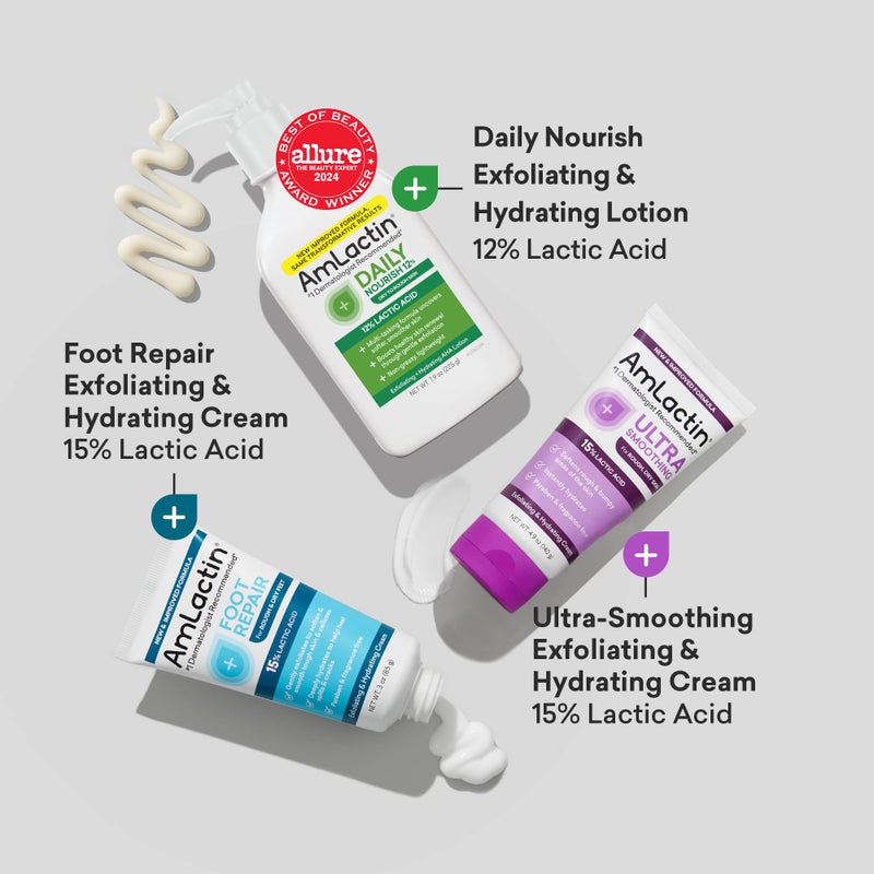 AmLactin مجموعة العناية بالبشرة الحائزة على جوائز من AmLactin - لوشن مغذي يومي 12%، كريم تنعيم فائق، كريم إصلاح القدمين وجوارب مرطبة - مجموعة هدايا مرطب حمض اللاكتيك لتجديد البشرة في جميع أنحاء الجسم - Image 2