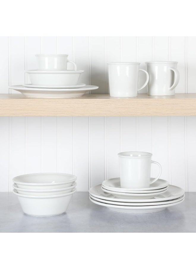 Martha Stewart Cliffield High Fired 16Piece Porcelain Chip and Scratch Resistant Plates Bowls and Mugs Dinnerware Set Service for 4  White