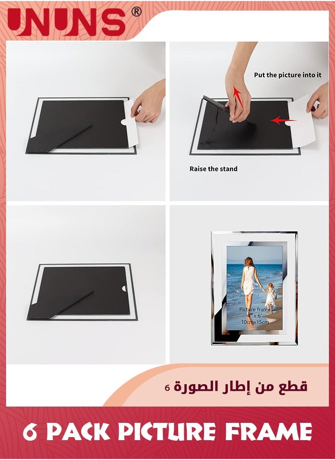 UNUNS إطارات صور مقاس 5x7، 6 مجموعات من إطارات الصور الفضية، إطارات زفاف زجاجية، إطارات صور زفاف شفافة بمرآة، للعرض على سطح الطاولة عموديًا أو أفقيًا فقط  - Image 4