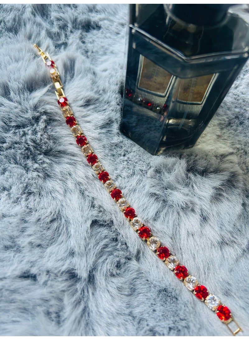 سوار زركون أحمر القرمزي مطلي بالذهب 18 كريت - زركون أبيض ساطع متناوب، سوار نسائي قابل للتعديل بمقاس 16 سم و19 سم - Image 2