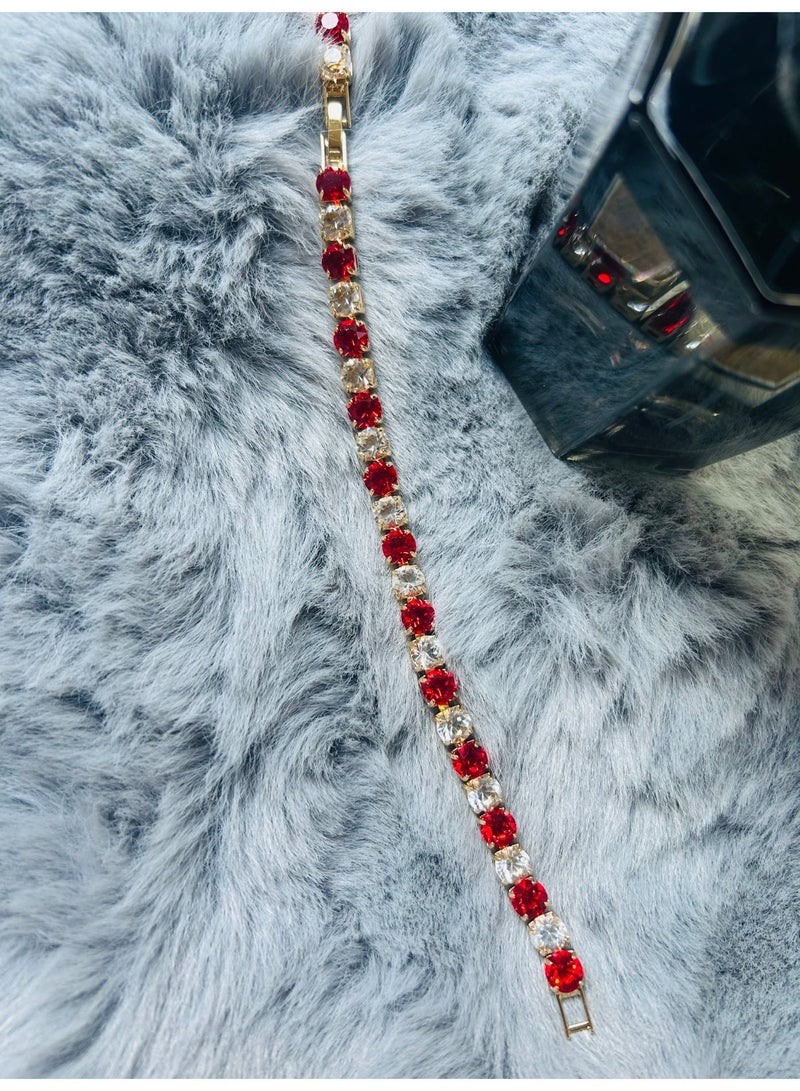 سوار زركون أحمر القرمزي مطلي بالذهب 18 كريت - زركون أبيض ساطع متناوب، سوار نسائي قابل للتعديل بمقاس 16 سم و19 سم - Image 4