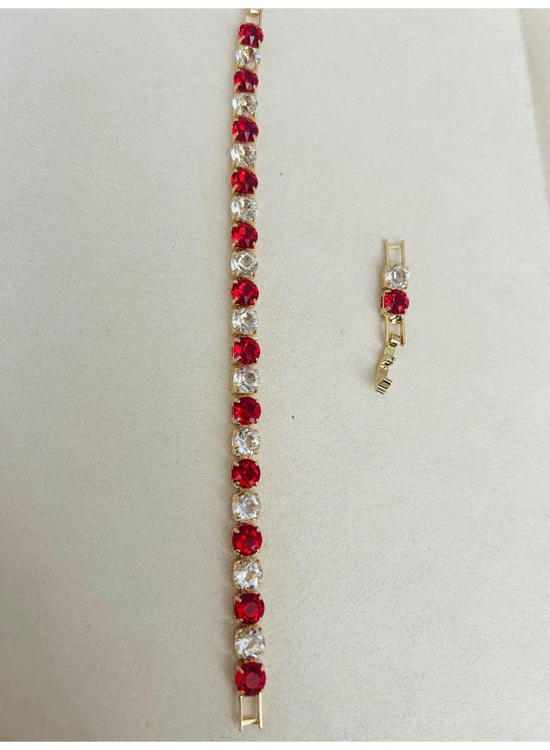 سوار زركون أحمر القرمزي مطلي بالذهب 18 كريت - زركون أبيض ساطع متناوب، سوار نسائي قابل للتعديل بمقاس 16 سم و19 سم - Image 3
