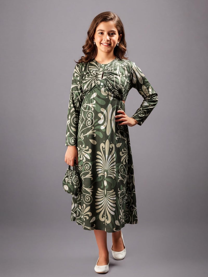 HELLCAT Girls Floral Printed Green Casual Midi Dress for 11-16 Years | Western A-Line Midi Dress for Girls | Girls Stylish Full Sleeve Dress_Green_11-12 Years - Image 2