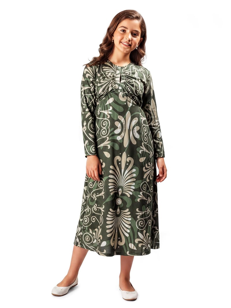 HELLCAT Girls Floral Printed Green Casual Midi Dress for 11-16 Years | Western A-Line Midi Dress for Girls | Girls Stylish Full Sleeve Dress_Green_11-12 Years - Image 1