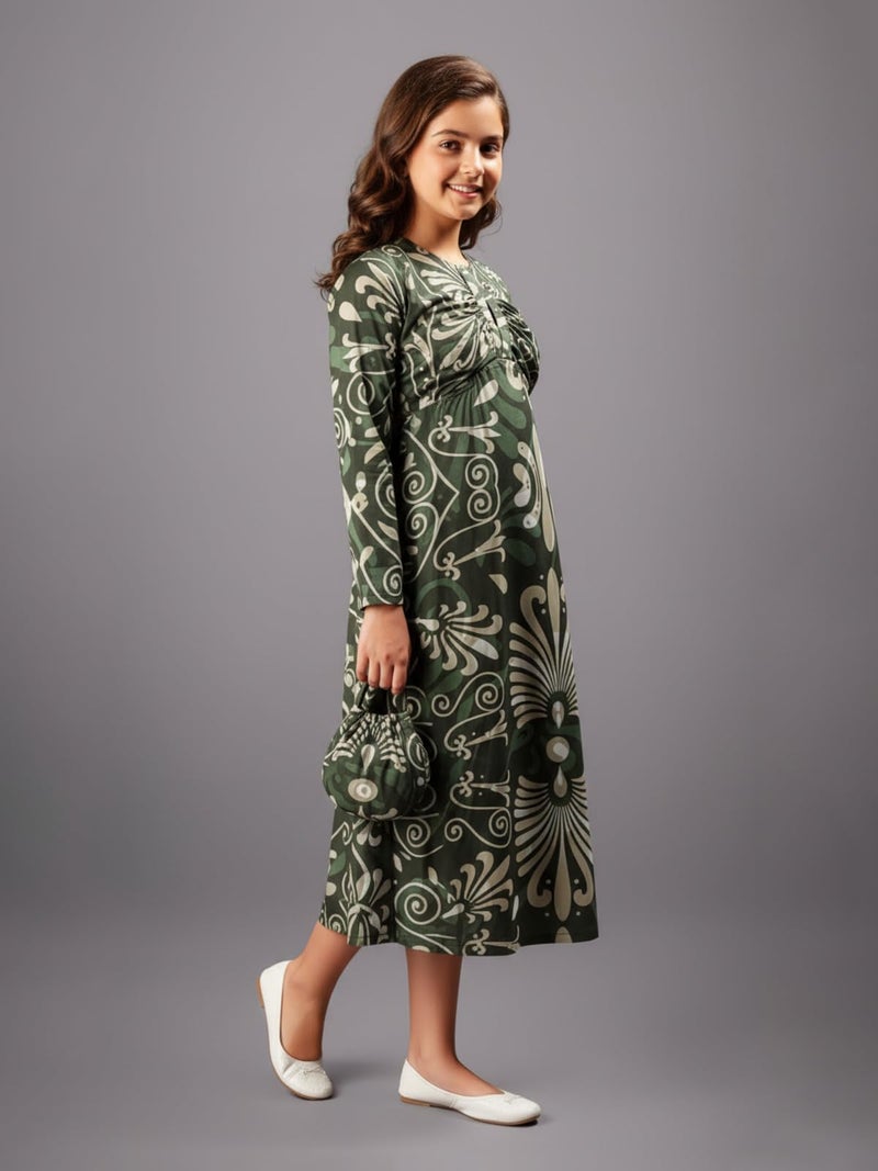 HELLCAT Girls Floral Printed Green Casual Midi Dress for 11-16 Years | Western A-Line Midi Dress for Girls | Girls Stylish Full Sleeve Dress_Green_11-12 Years - Image 5