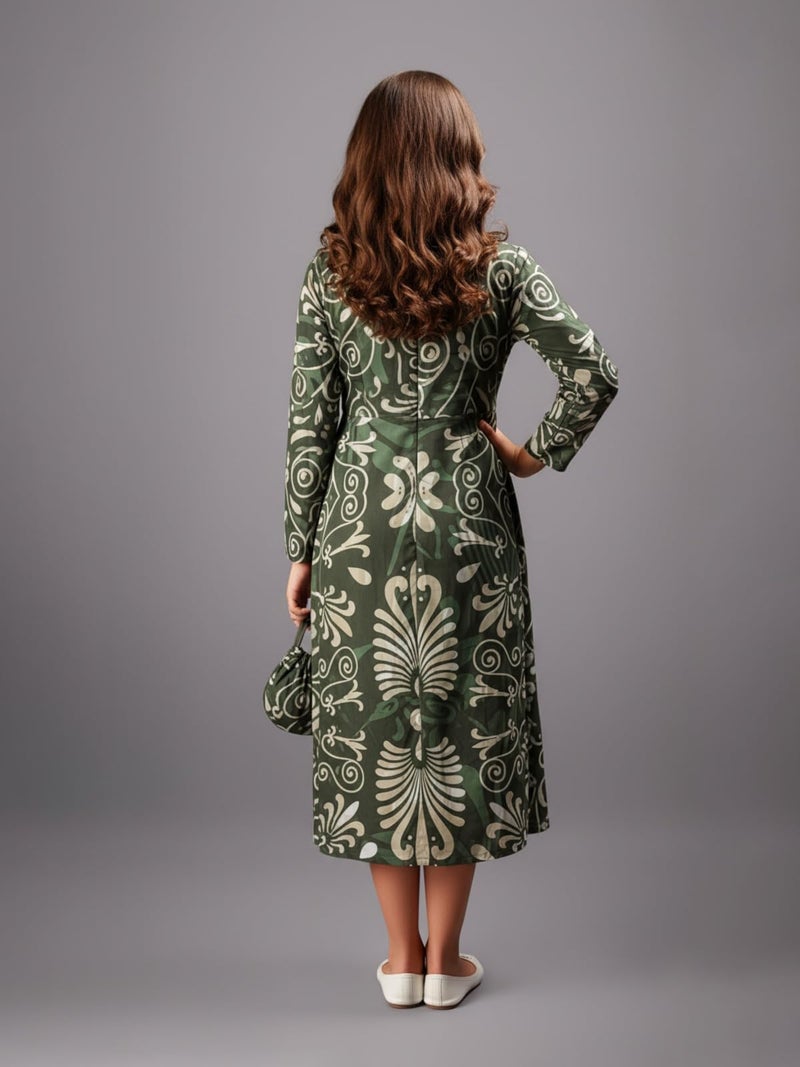 HELLCAT Girls Floral Printed Green Casual Midi Dress for 11-16 Years | Western A-Line Midi Dress for Girls | Girls Stylish Full Sleeve Dress_Green_11-12 Years - Image 4