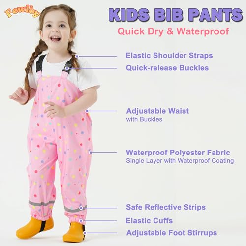 Fewlby Kids Waterproof Rain Bib Pants, Girls Rain Pants Kids Overalls Rain Trousers Lightweight Mud Pants Rainwear for Toddlers - Image 3