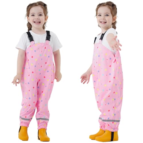 Fewlby Kids Waterproof Rain Bib Pants, Girls Rain Pants Kids Overalls Rain Trousers Lightweight Mud Pants Rainwear for Toddlers - Image 1