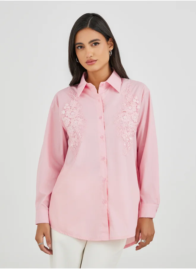Styli Styli Embroidered Long Sleeve Spread Collar Shirt