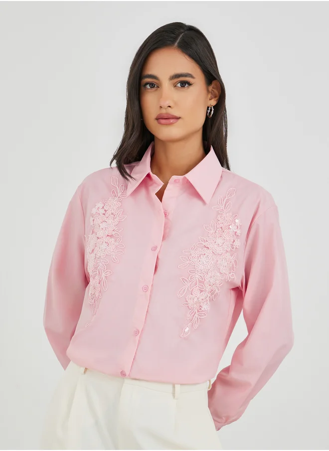 Styli Styli Embroidered Long Sleeve Spread Collar Shirt