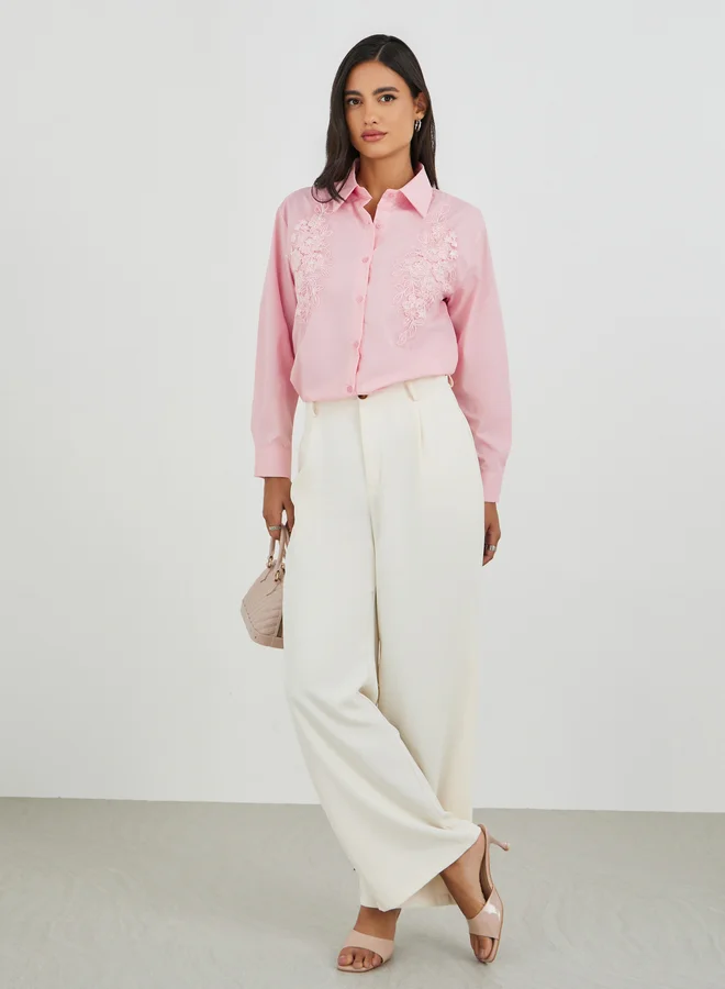 Styli Styli Embroidered Long Sleeve Spread Collar Shirt