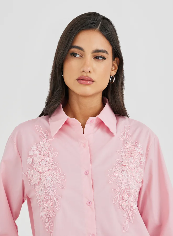 Styli Styli Embroidered Long Sleeve Spread Collar Shirt