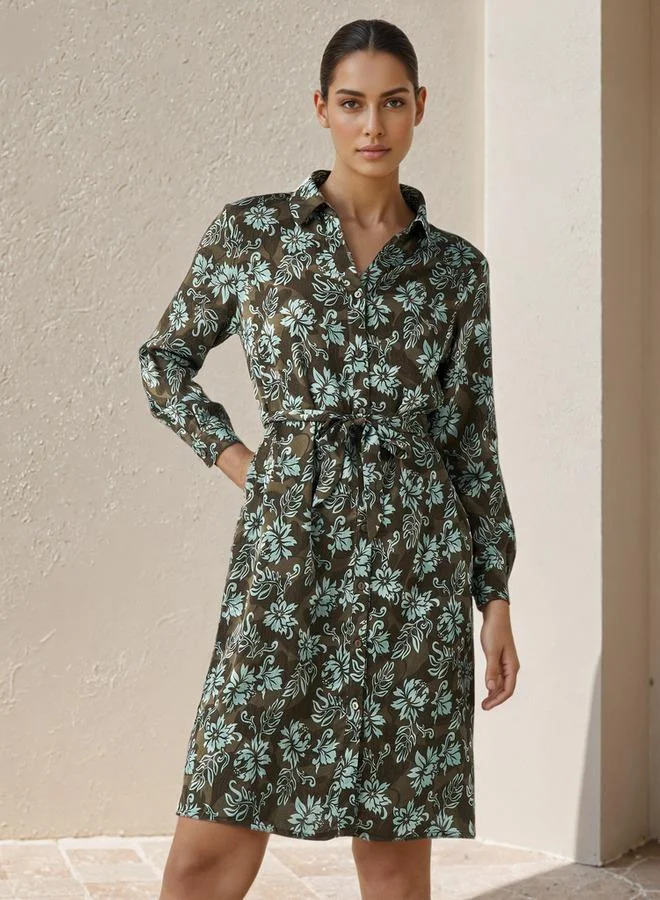 Splash FAV Knee Length Shirt Belted Dress with Floral Print