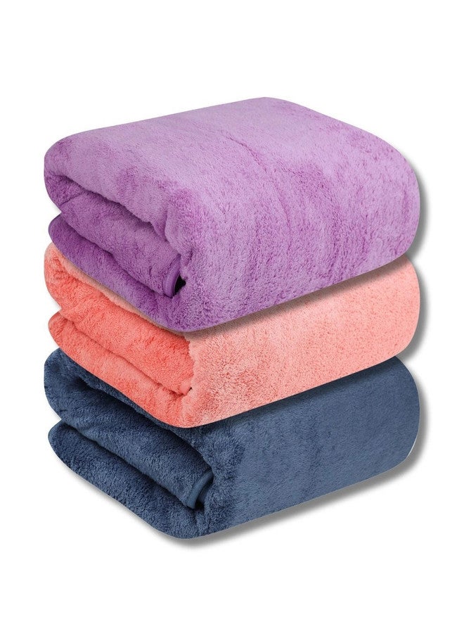 Fezora 3-Piece Solid Microfiber Bath Towel Set - Blue, Purple & Orange - Image 1