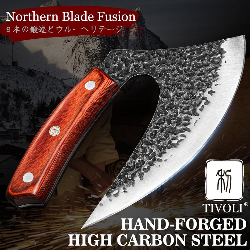 Tivoli Ulu Knife with Sheath – Full Tang Rosewood Handle, Gift-Ready Box, Viking-Style Cleaver & Pizza Cutter for Meat, Herbs, and Outdoor Cooking –A Christmas Gift for Men and Women - Image 3