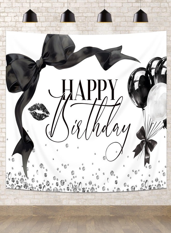 Newsely Black Bow Happy Birthday Banner Backdrop 7Wx5H Photography Girls Coquette Birthday Decorations Black White Bowknot Balloons Background Women Bachelorette Party Photo Booth Props Supplies - Image 2