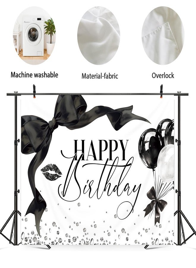 Newsely Black Bow Happy Birthday Banner Backdrop 7Wx5H Photography Girls Coquette Birthday Decorations Black White Bowknot Balloons Background Women Bachelorette Party Photo Booth Props Supplies - Image 5