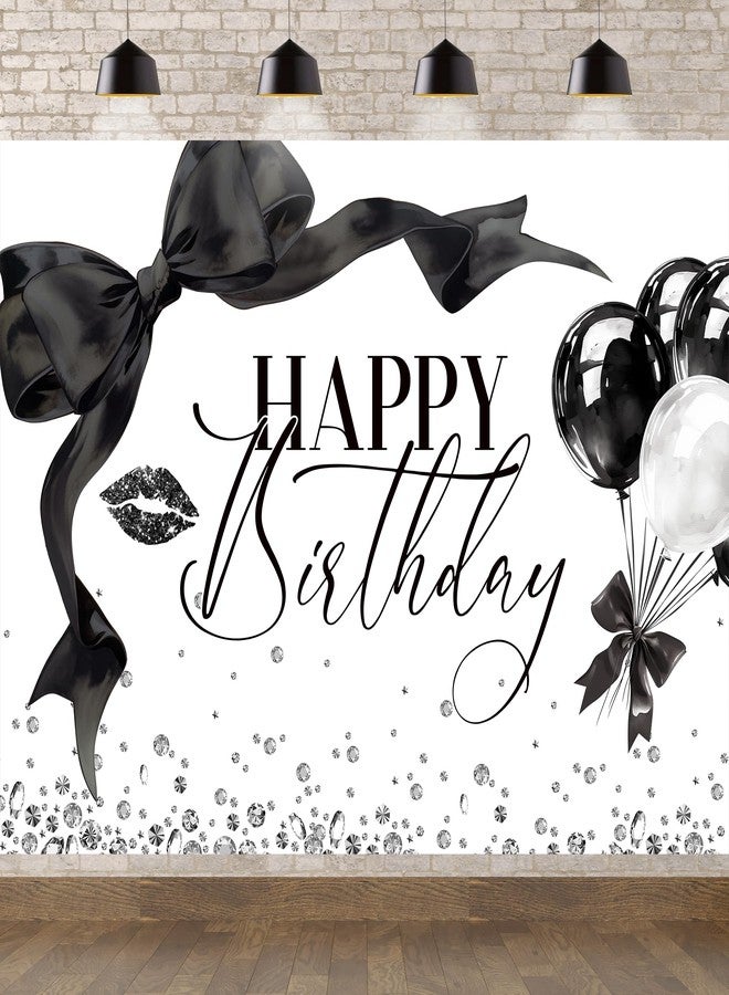 Newsely Black Bow Happy Birthday Banner Backdrop 7Wx5H Photography Girls Coquette Birthday Decorations Black White Bowknot Balloons Background Women Bachelorette Party Photo Booth Props Supplies - Image 1