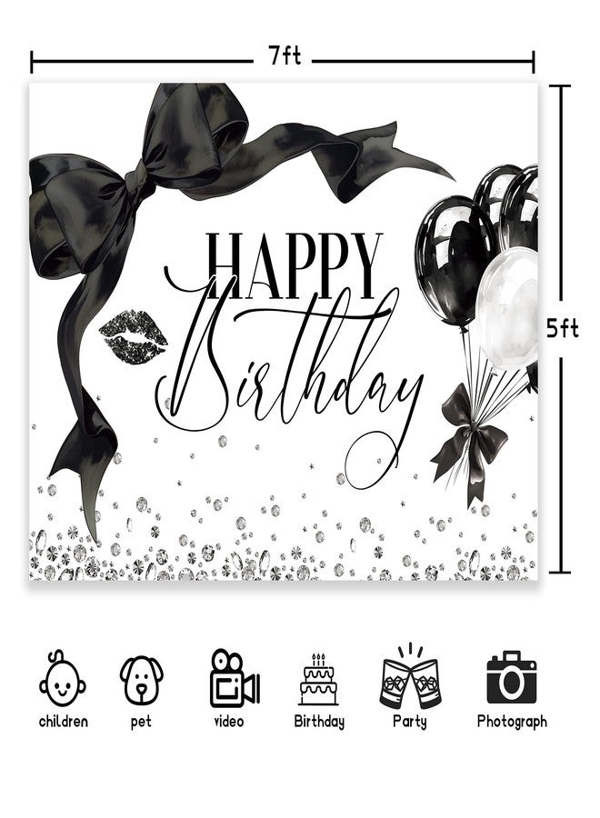 Newsely Black Bow Happy Birthday Banner Backdrop 7Wx5H Photography Girls Coquette Birthday Decorations Black White Bowknot Balloons Background Women Bachelorette Party Photo Booth Props Supplies - Image 4