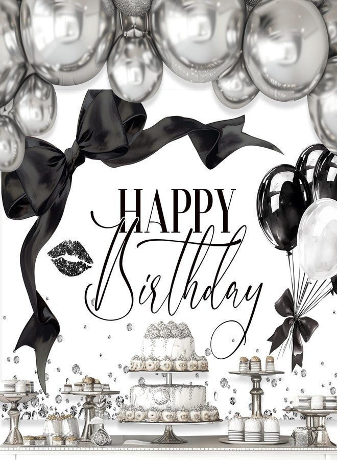 Newsely Black Bow Happy Birthday Banner Backdrop 7Wx5H Photography Girls Coquette Birthday Decorations Black White Bowknot Balloons Background Women Bachelorette Party Photo Booth Props Supplies - Image 3