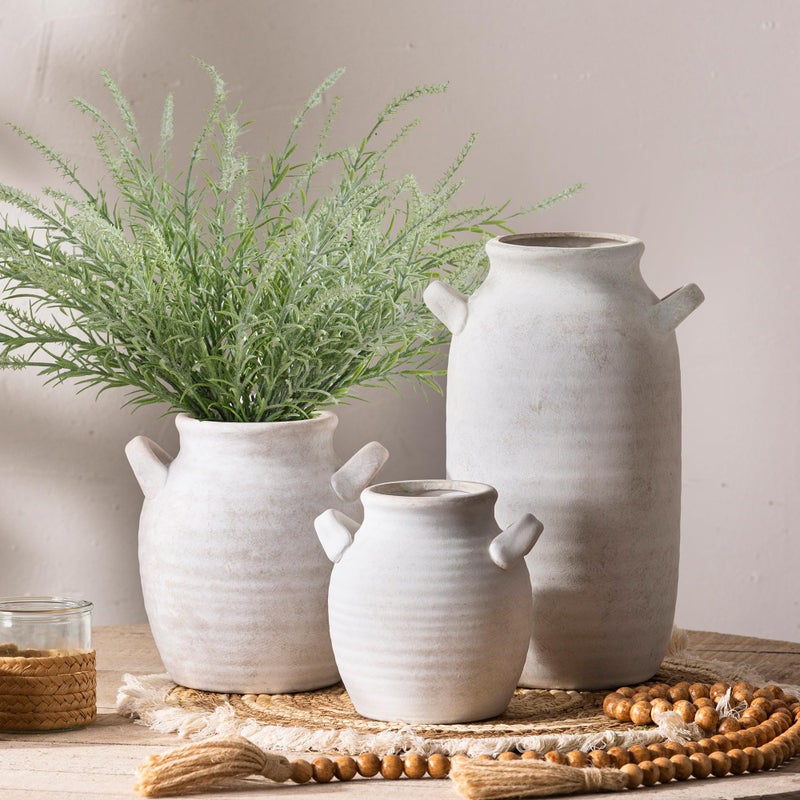 Vanselia Ceramic Flower Vase Home Decor - Farmhouse Table Vases with Handle Living Room Decoration Vintage Decorative Aesthetic for Shelf Coffee Dining Desk House Bookshelf Fireplace (7.1" Rustic) - Image 4