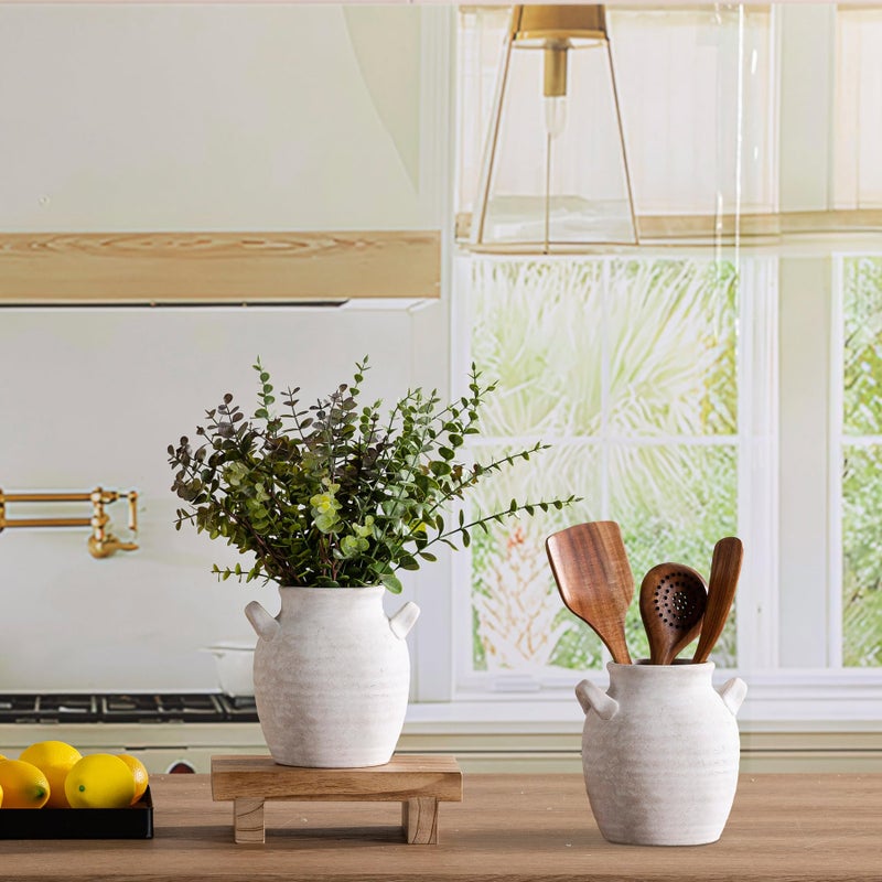Vanselia Ceramic Flower Vase Home Decor - Farmhouse Table Vases with Handle Living Room Decoration Vintage Decorative Aesthetic for Shelf Coffee Dining Desk House Bookshelf Fireplace (7.1" Rustic) - Image 3