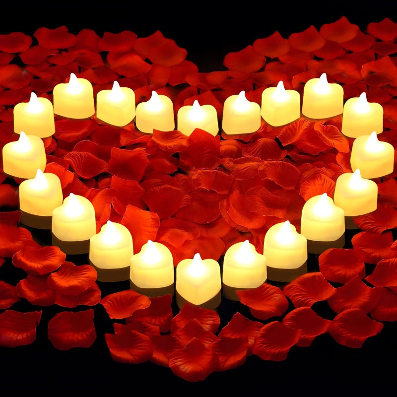 3000 PCS Artificial Rose Petals with 20 PCS Flameless LED Tea Lights Candles Decoration for Special and Romantic Night Wedding Anniversary Event Party Decoration
