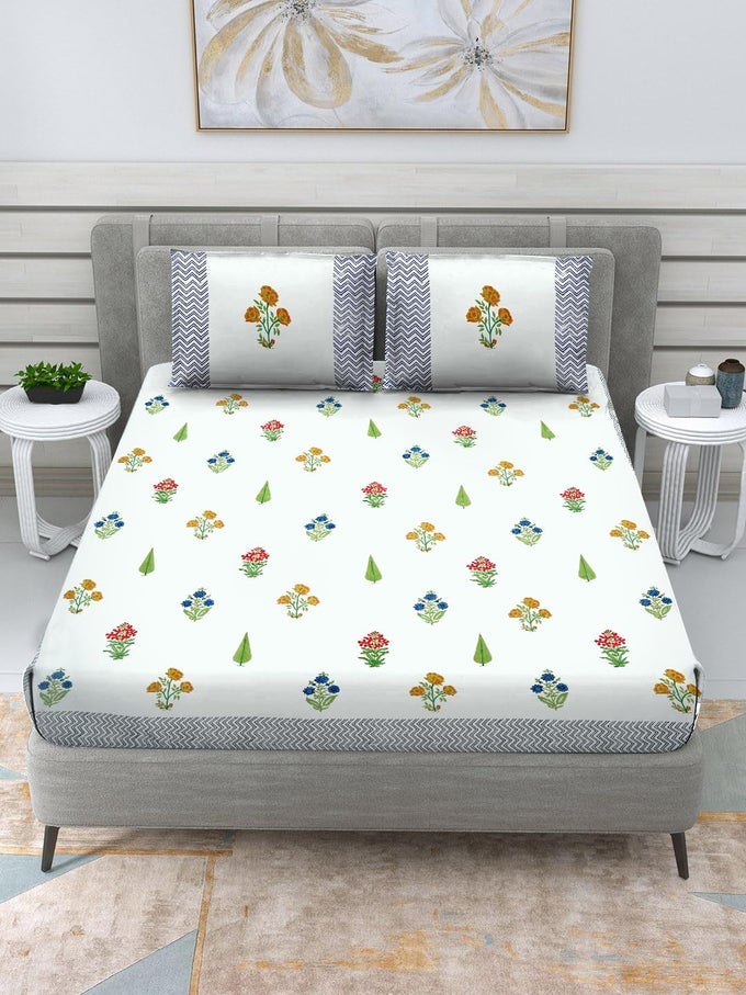 HAND BLOCK PRINT BEDSHEET WITH PILLOW COVERS JAIPURI RAJASTHANI HAND BLOCK PRINT COTTON 400 TC DOUBLE BED SIZE 90X108INCHES 2 LARGE PILLOW COVERS 17X28INCHES GREEN BOOTA DOUBLE