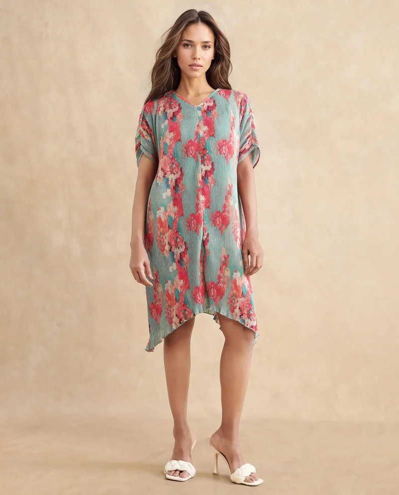 Rareism Rareism Women's Dellusion Multi Polyester Fabric Round Neck  Extended Sleeve Floral Print Asymmetric Mini Dress