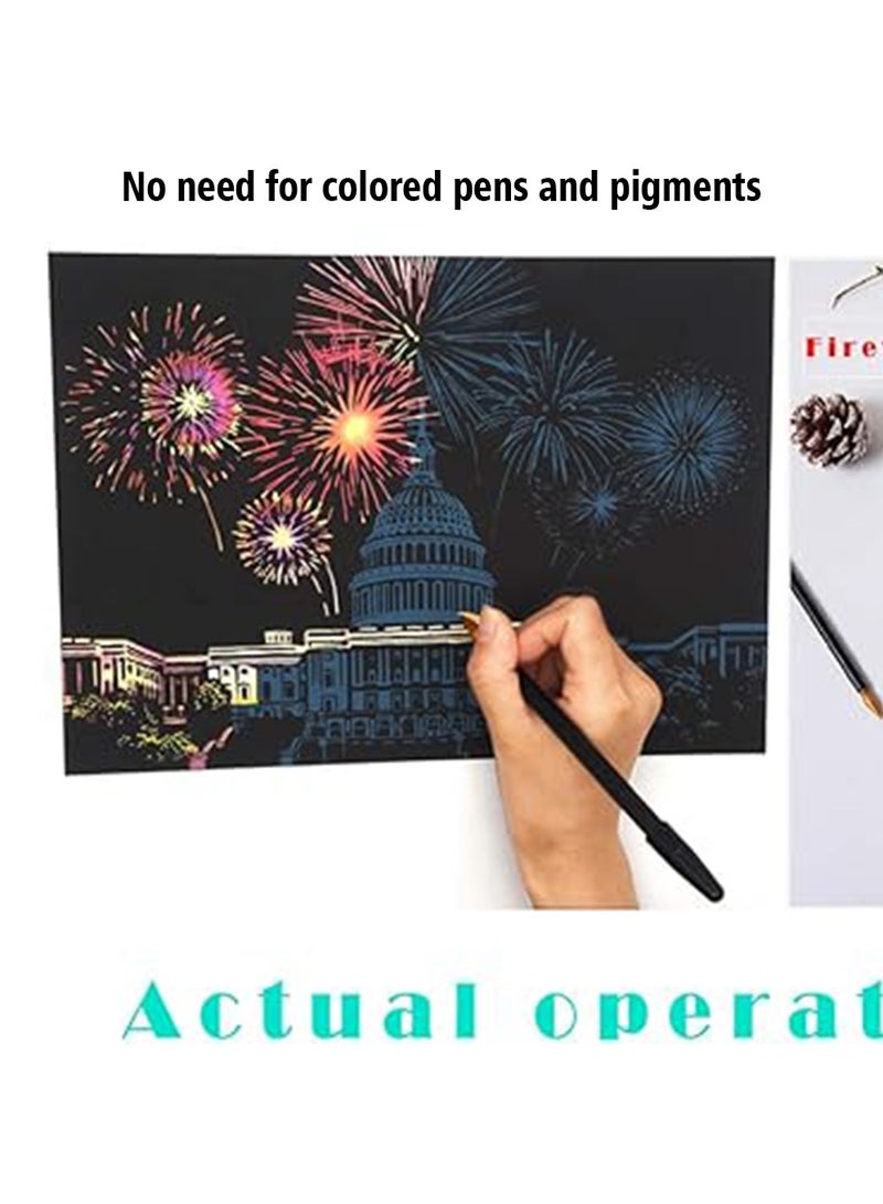Scratch Paper Art Set ,City Series Night View Creative Gift,Rainbow Magic Scratch Paper for Kids Black Scratch it Off Art Crafts Kits (4 Paper with1 Wooden Pen) - Image 2