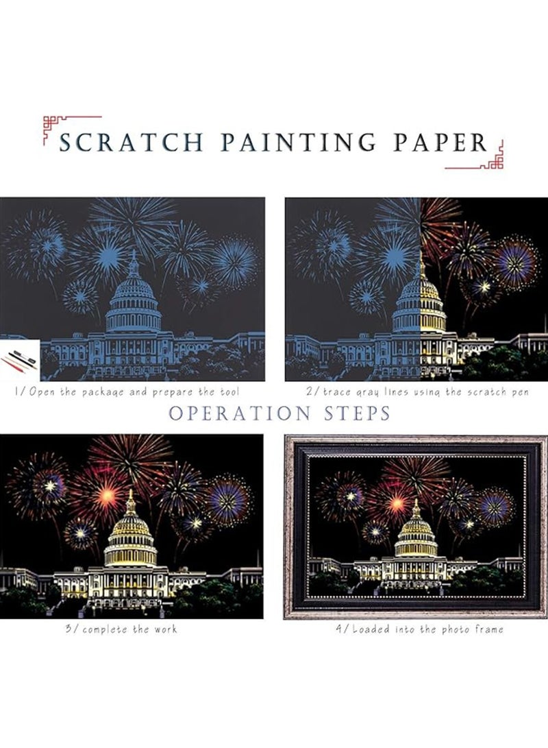 Scratch Paper Art Set ,City Series Night View Creative Gift,Rainbow Magic Scratch Paper for Kids Black Scratch it Off Art Crafts Kits (4 Paper with1 Wooden Pen) - Image 3