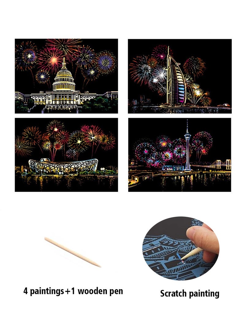 Scratch Paper Art Set ,City Series Night View Creative Gift,Rainbow Magic Scratch Paper for Kids Black Scratch it Off Art Crafts Kits (4 Paper with1 Wooden Pen) - Image 1