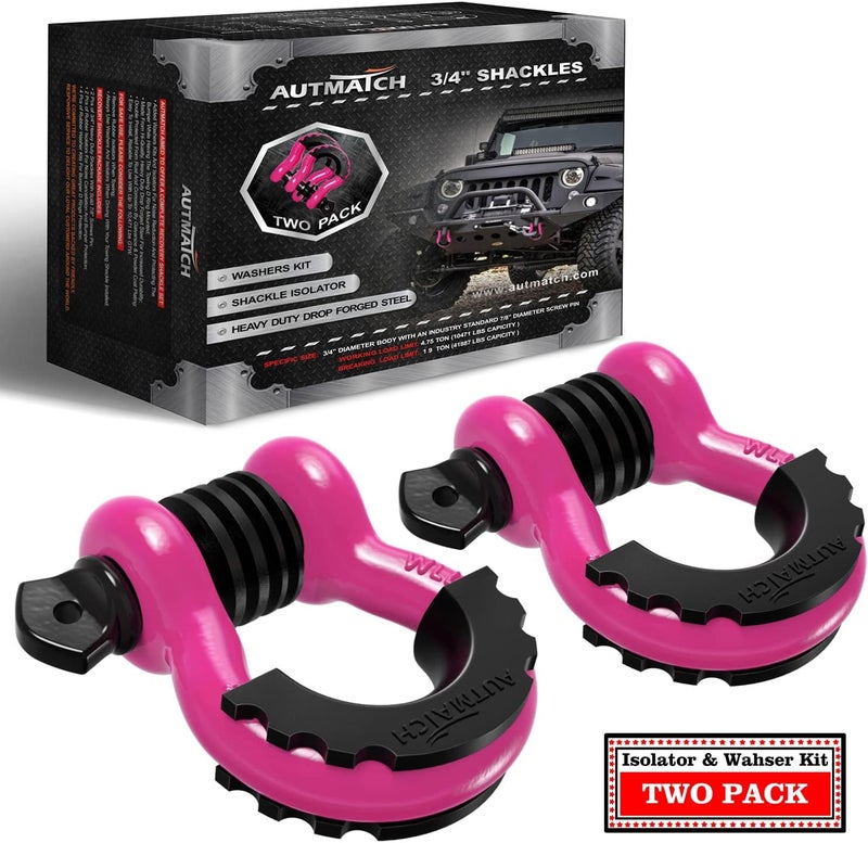 AUTMATCH D Ring Shackle 3/4" Shackles (2 Pack) 41,887Ibs Break Strength, Clevis Shackle with 7/8" Screw Pin and Shackle Isolator Washers Kit for Tow Strap Winch Off Road Vehicle Recovery, Pink - Image 1
