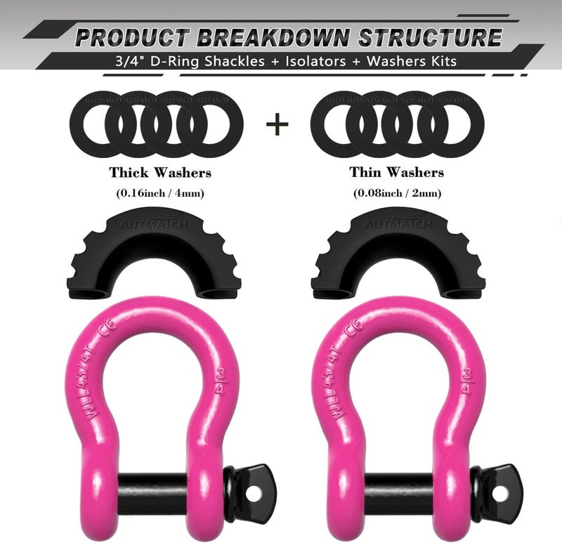AUTMATCH D Ring Shackle 3/4" Shackles (2 Pack) 41,887Ibs Break Strength, Clevis Shackle with 7/8" Screw Pin and Shackle Isolator Washers Kit for Tow Strap Winch Off Road Vehicle Recovery, Pink - Image 2