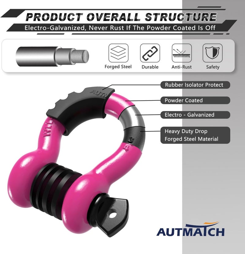 AUTMATCH D Ring Shackle 3/4" Shackles (2 Pack) 41,887Ibs Break Strength, Clevis Shackle with 7/8" Screw Pin and Shackle Isolator Washers Kit for Tow Strap Winch Off Road Vehicle Recovery, Pink - Image 4