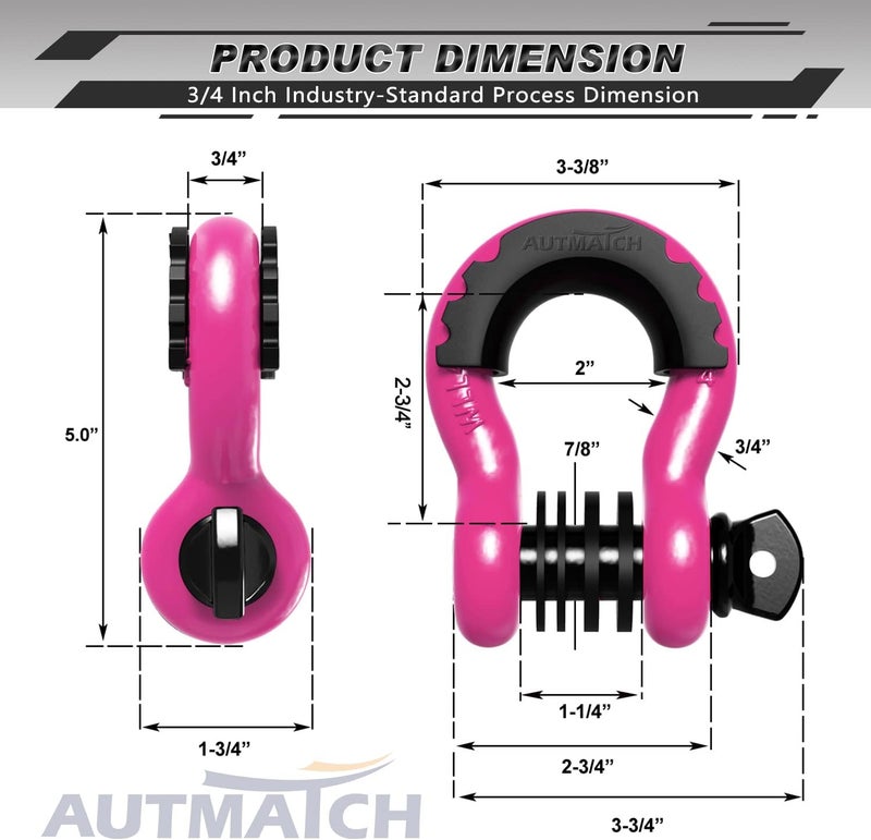 AUTMATCH D Ring Shackle 3/4" Shackles (2 Pack) 41,887Ibs Break Strength, Clevis Shackle with 7/8" Screw Pin and Shackle Isolator Washers Kit for Tow Strap Winch Off Road Vehicle Recovery, Pink - Image 3
