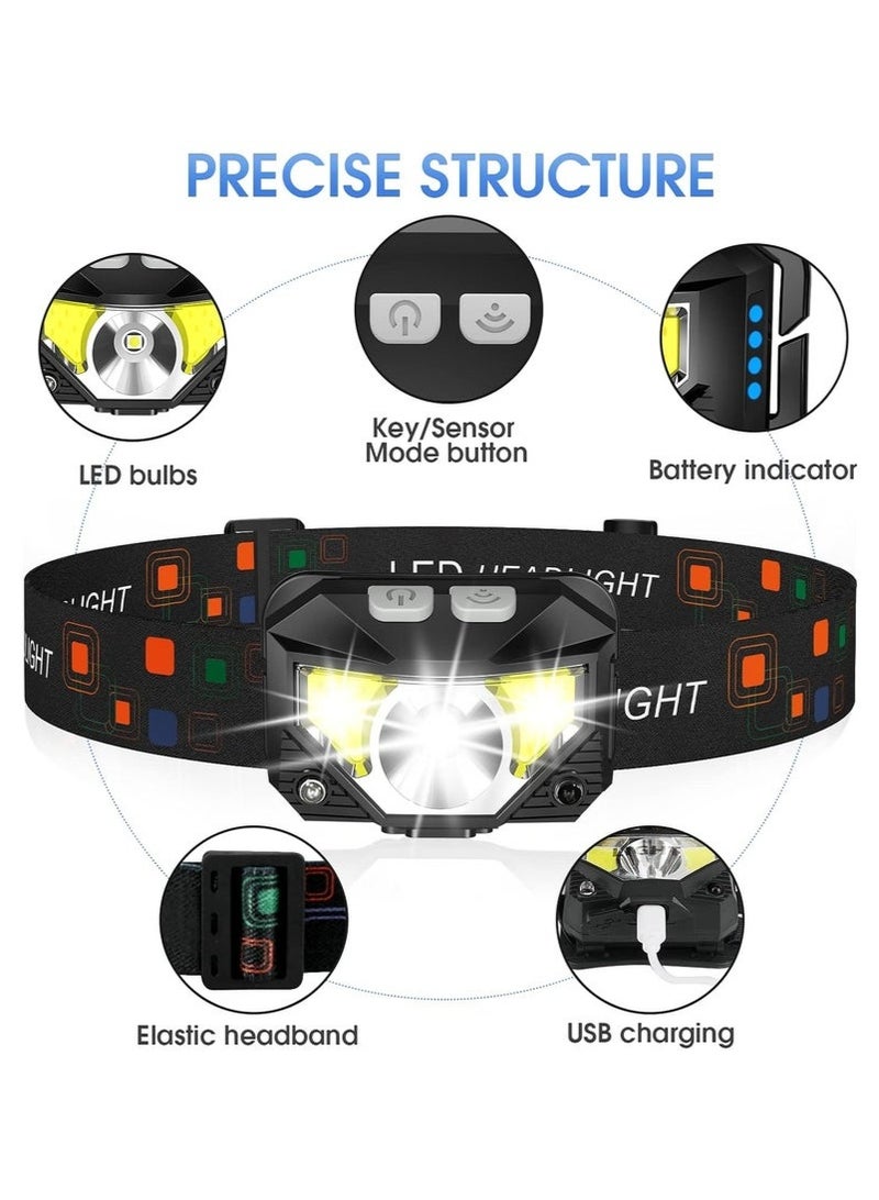 مصباح أمامي LED، مصباح 1200 لومن فائق الخفة وقابل لإعادة الشحن مع ضوء أحمر أبيض، مصباح رأس استشعار الحركة مقاوم للماء، 8 أوضاع للتخييم وركوب الدراجات والجري والصيد - Image 4