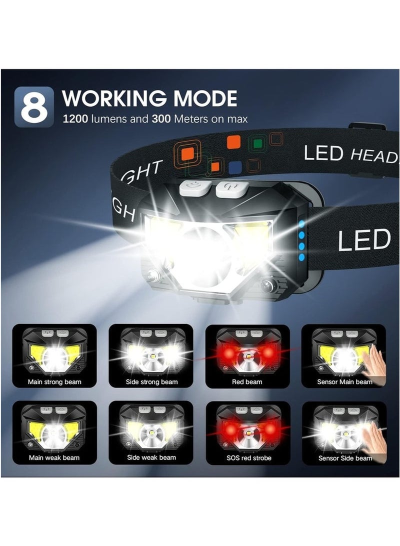 مصباح أمامي LED، مصباح 1200 لومن فائق الخفة وقابل لإعادة الشحن مع ضوء أحمر أبيض، مصباح رأس استشعار الحركة مقاوم للماء، 8 أوضاع للتخييم وركوب الدراجات والجري والصيد - Image 2
