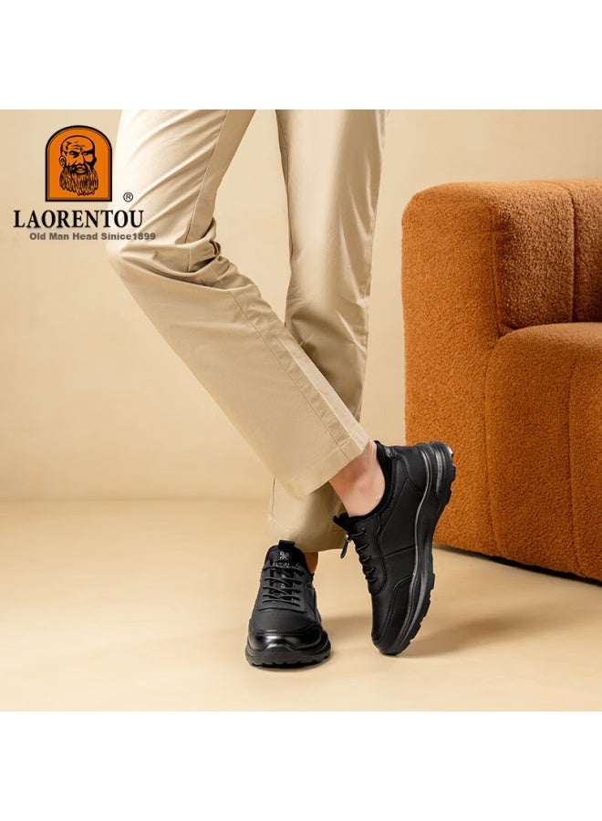 Laorentou Men's Sports Thick-soled Walking Shoes Spring Autumn Outdoor Business Fashion Casual Leather Shoes La15637 Black Size 43
