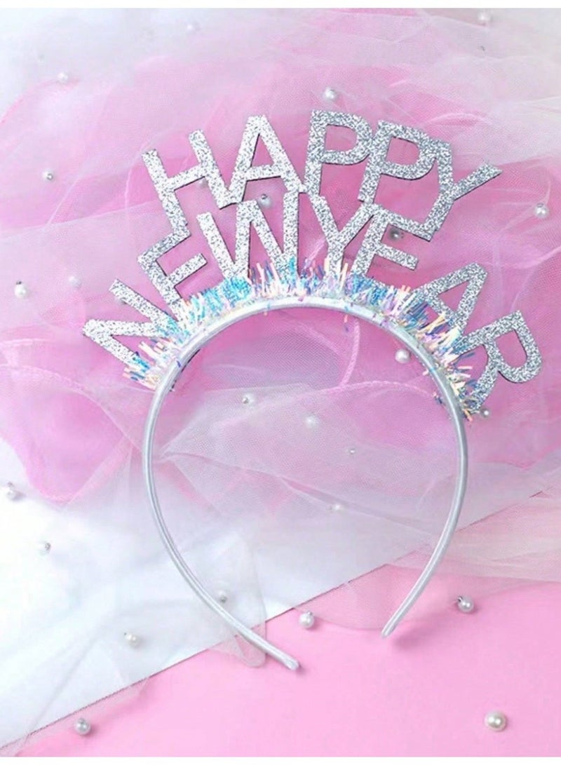 New Year's decoration 2026, a hairband with the phrase "Happy New Year" in shiny silver 3 Pieces - Image 2