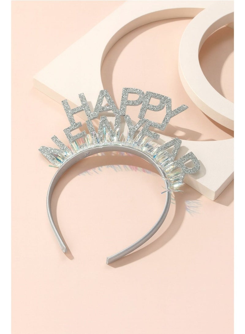 New Year's decoration 2026, a hairband with the phrase "Happy New Year" in shiny silver 3 Pieces - Image 1