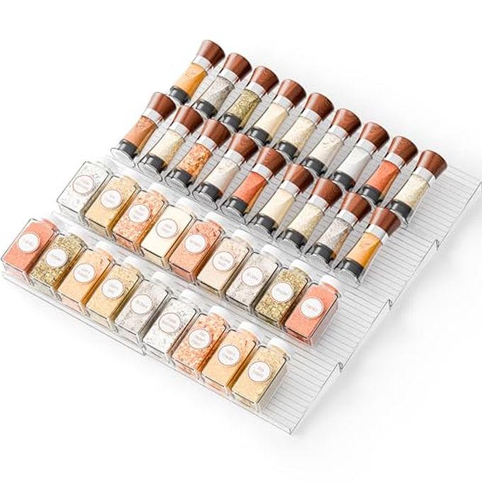 Yieach 8 Pack Adjustable Narrow Spice Rack for Drawer - Expandable From 9" to 17.7" - Acrylic Drawer Seasoning Organizer,Tiered Clear Spice Tray for Spices,Condiment,Nail Polish and Jar Organization