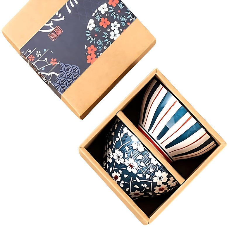 Amillee Ceramic Rice Bowls 10oz - Japanese Style Bowl Gift Set with Assorted Flower Patterns, for Cereal, Soup, Dessert, Snack, Salad, Noodles, Pasta - Ice Cream Bowls with Gift Box (2 Bowl Set) - Image 1
