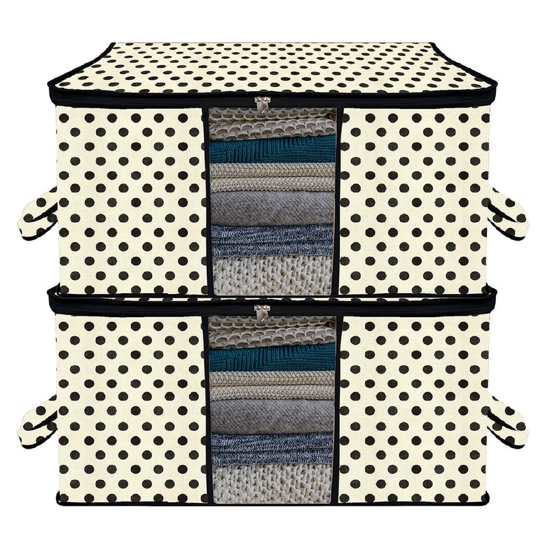 Kuber Industries Underbed Storage Bag DotDesign Blanket Cover with Clear Window Zipper Closure Handle Cloth Organizer Large Pack of 2 Cream - Image 1