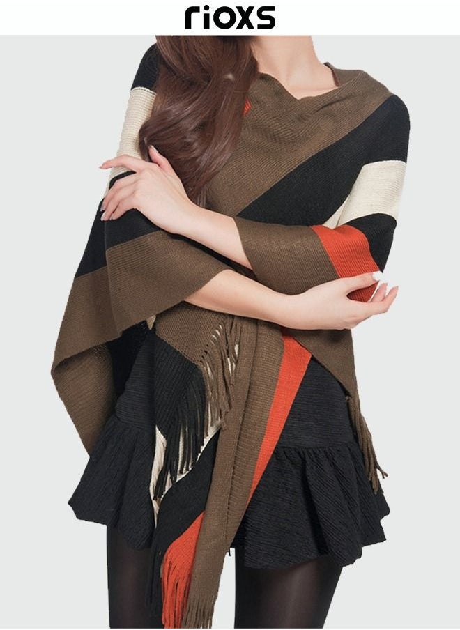 RIOXS - Women Batwing Sleeve Striped Sweater Coat Knitted Pullover Jacket Cape Large Size Plus Size - Image 1