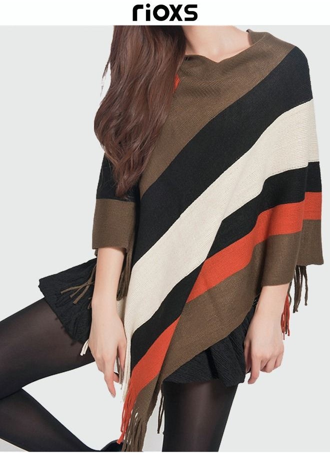 RIOXS - Women Batwing Sleeve Striped Sweater Coat Knitted Pullover Jacket Cape Large Size Plus Size - Image 1
