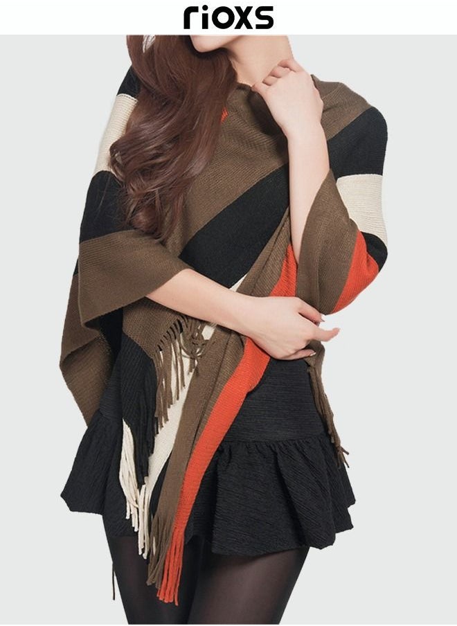RIOXS - Women Batwing Sleeve Striped Sweater Coat Knitted Pullover Jacket Cape Large Size Plus Size - Image 1