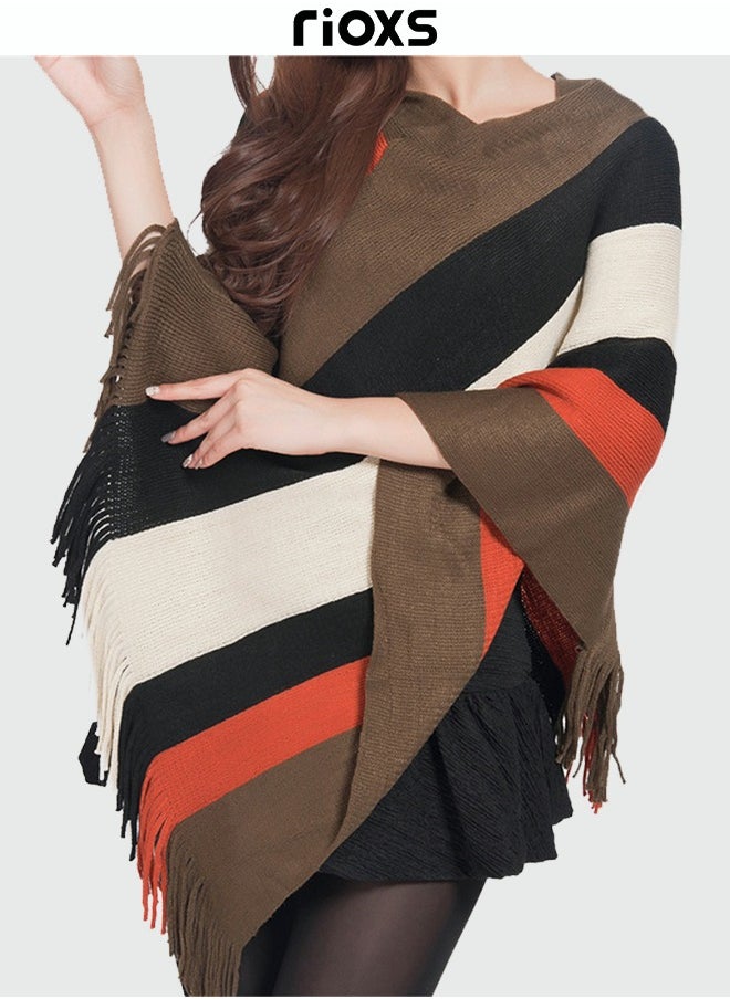 RIOXS - Women Batwing Sleeve Striped Sweater Coat Knitted Pullover Jacket Cape Large Size Plus Size - Image 1