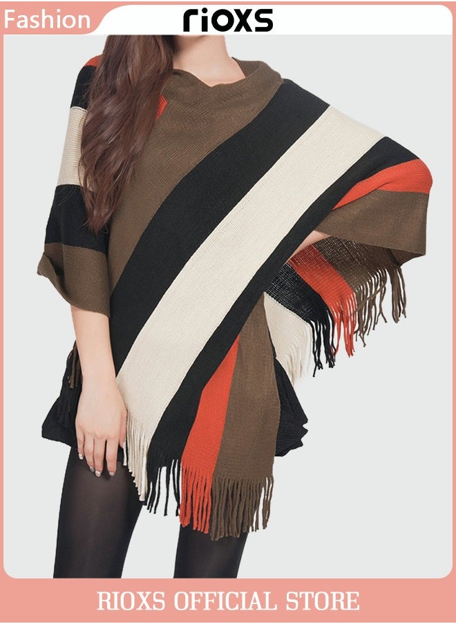 RIOXS - Women Batwing Sleeve Striped Sweater Coat Knitted Pullover Jacket Cape Large Size Plus Size - Image 1