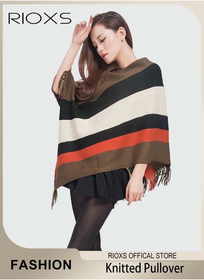 RIOXS - Women Batwing Sleeve Striped Sweater Coat Knitted Pullover Jacket Cape Large Size Plus Size - Image 1